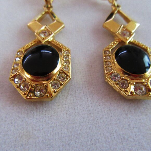 Avon faux onyx & clear rhinestone dangling pierced earrings - Victorian Revival - Picture 6 of 7